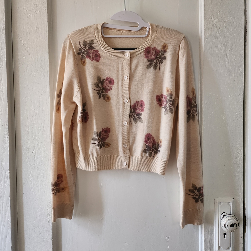 Cider Sz S Cream Floral Roses Button-Up Cardigan